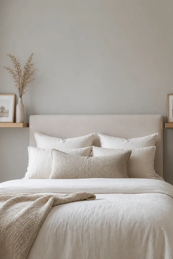 A bedroom wall with two matching floating shelves flanking the headboard area. The shelves are in light oak or white oak and hold a single small framed print and one tall vase with dried stems. The bed is off-white, and the walls are soft gray.