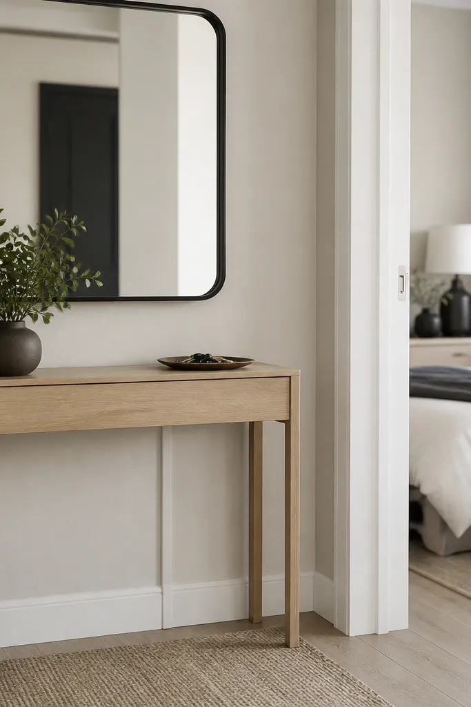 An entryway corner leading into the bedroom. There's a slim console table in white oak with a single drawer. A mirror with a simple black frame hangs above it. A small tray holds keys, and a cable cover runs behind the console to hide charging cords.