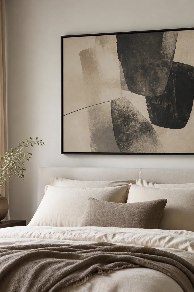 A bedroom wall shows one large framed abstract print above the bed. The frame is a matte black or dark wood, and the art is mostly muted beige and charcoal. The bed is dressed in cream bedding with a taupe throw. The wall is painted warm white, and there are no other frames nearby.