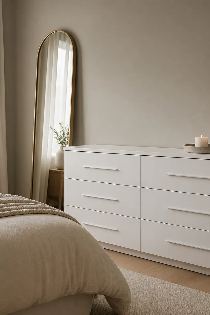 A matte white dresser with long horizontal pulls sits in a minimalist bedroom. The bed is beige and cream, and the dresser top holds a single round tray with a candle and one small ceramic vase. A tall mirror stands to the side, and the walls are soft greige.
