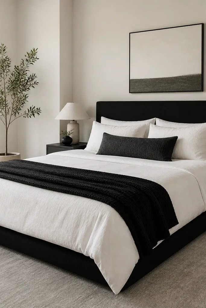 A modern bedroom with a black accent headboard or black frame bed. The duvet is white, and the throw is black with a subtle texture. There is one lumbar pillow in a textured fabric like boucle or thick knit in charcoal. The rug is light gray, and the walls are off-white.