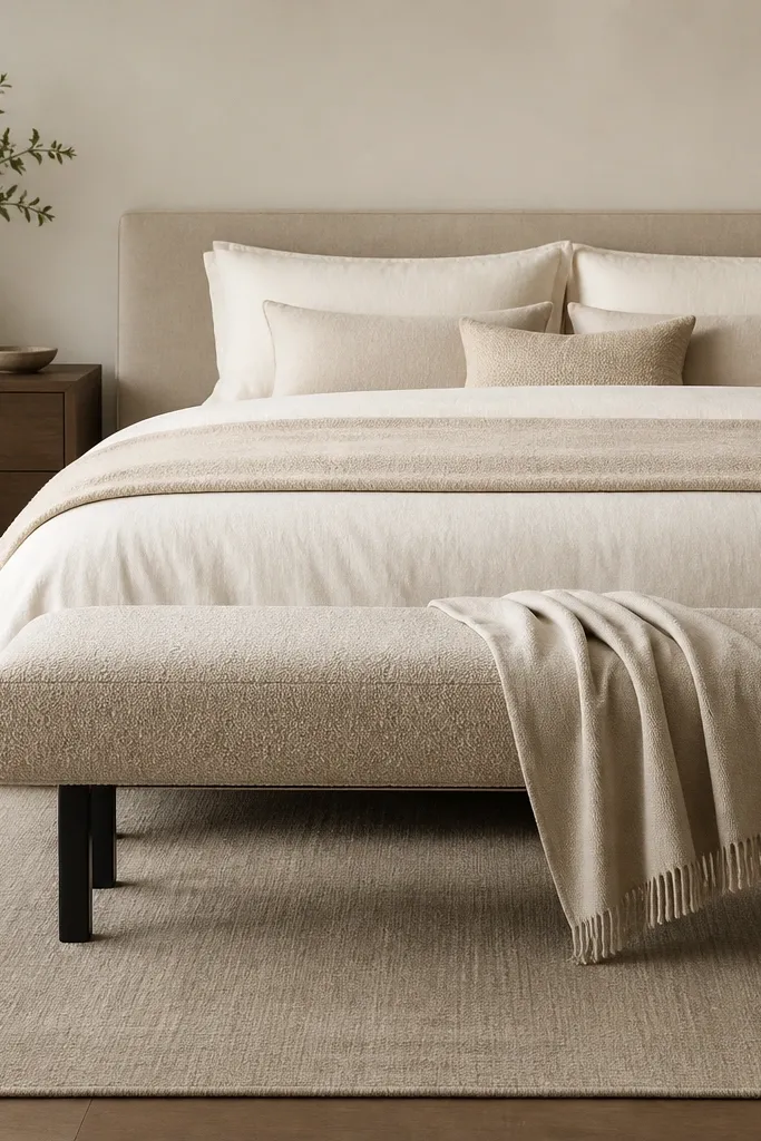 A minimalist bedroom with a low bench at the foot of the bed upholstered in oat boucle. The bench has simple legs in matte black or dark wood. The bed is dressed in cream and light beige bedding, and a rug in light taupe covers the floor area beneath. A single throw is draped over the bench.