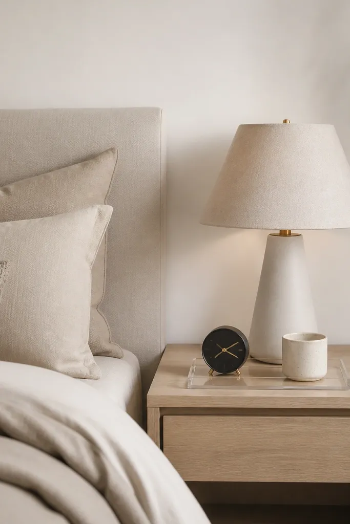 A bedside setup with a single minimal nightstand in light wood. On top sits a clear glass tray holding a small matte black alarm clock and a cream ceramic cup. The lamp has a linen shade and a simple base. The bed is dressed in taupe and cream, and the wall is soft white.