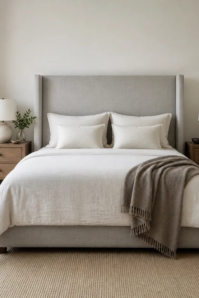 A bedroom with a tall upholstered headboard in light gray. The bed has matching pillows in two sizes: two standard and two smaller pillows, all in the same off-white fabric. There's a single throw at the side in taupe. The rug is oat, and the walls are warm white. Two identical nightstands flank the bed.
