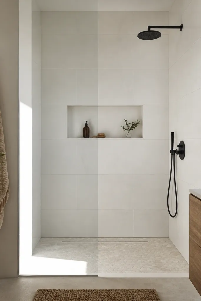 A 36-inch wide walk-in shower with a frameless glass panel, white wall tile in large rectangles, and a long linear drain centered along the floor. The niche is built into the back wall with the same tile, and the shower control is a matte black round valve with a minimalist hand shower.