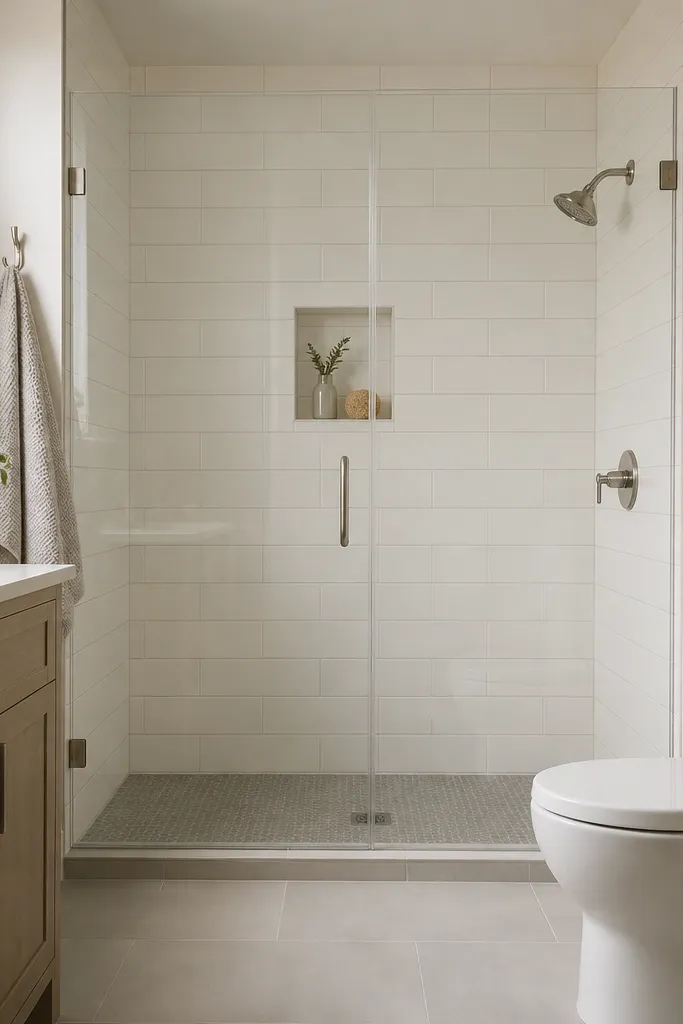 A small full bathroom walk-in shower with frameless clear glass, a 2x8 white subway tile laid in a horizontal pattern on the shower walls, warm white grout lines, and a brushed nickel showerhead. The floor outside the shower is a light gray porcelain, and the shower floor has a slightly darker neutral mosaic.