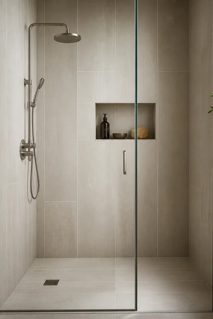 A compact walk-in shower where the walls use large 12x24 light porcelain planks in a soft greige, laid vertically. The shower floor uses a matching large-format tile with subtle variation, and the glass door is clear with a slim metal edge.