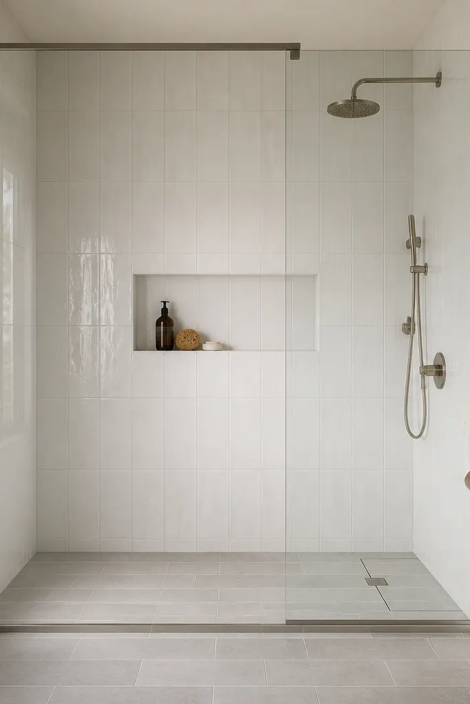 A walk-in shower with a very low threshold curb, light gray floor tile laid in a running bond pattern, and soft white wall tile. The glass is frameless with a thin top rail, and the niche is a simple rectangular cutout with matching grout lines.