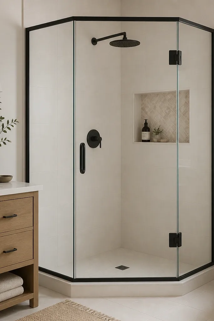 A corner walk-in shower in a small full bathroom with a matte black frame and clear glass. Most shower walls are a soft off-white, and the niche has a small herringbone mosaic in cream and light sand tones. The shower has a matte black rain head and a single-control valve.