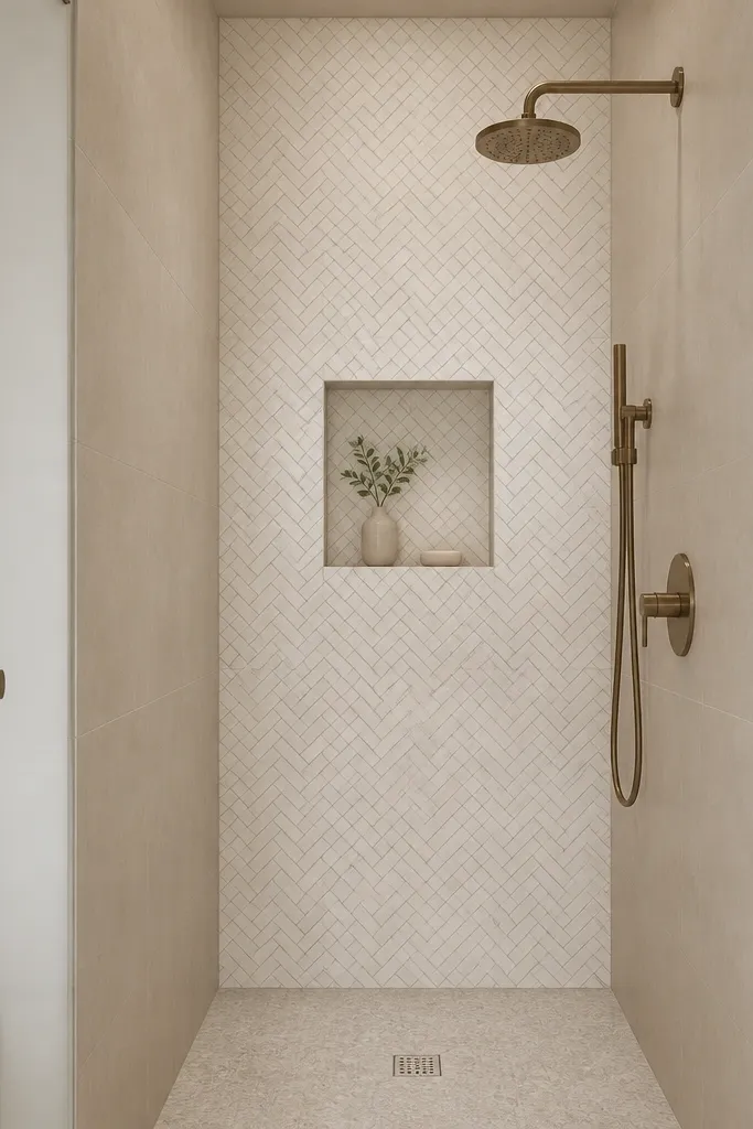 A compact walk-in shower where the side walls are smooth light beige tile, and the back wall has a small herringbone pattern in warm white. The shower floor is a neutral stone-look tile, and the niche is square and tiled to match the back wall accent.