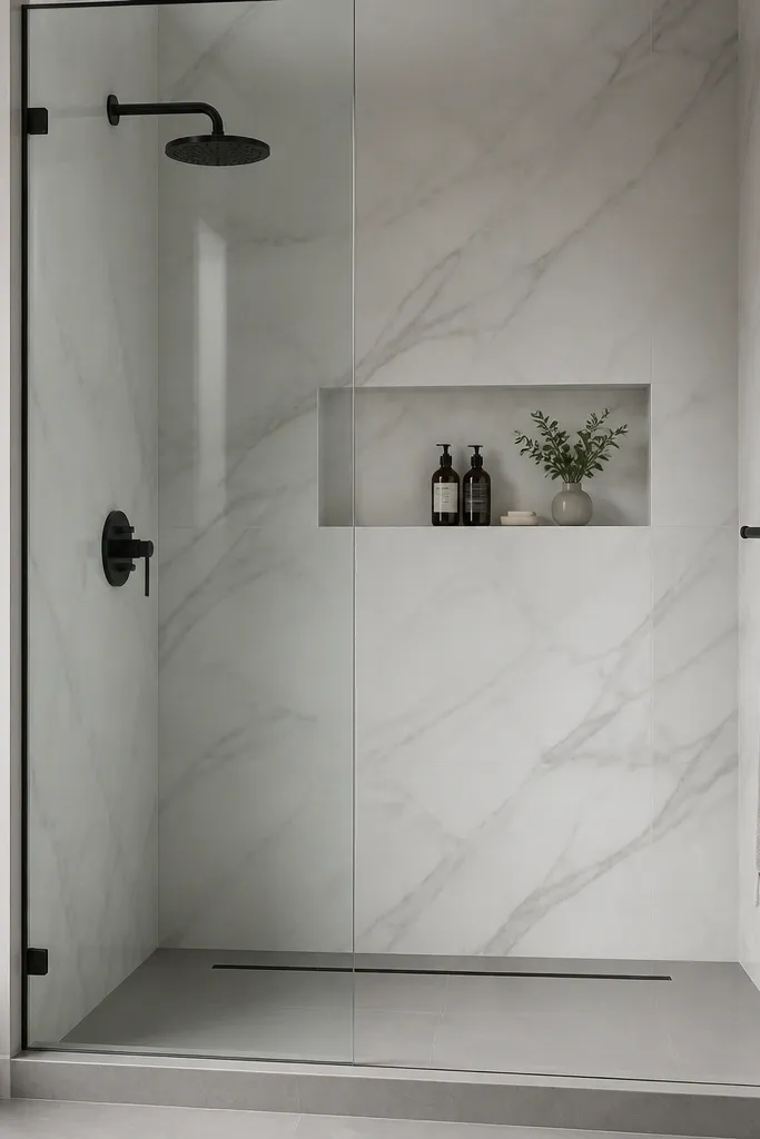 A walk-in shower with marble-look porcelain wall panels in soft white and gray veining. The glass is frameless and the shower control, shower head, and towel bar are matte black. A thin linear drain runs along the floor with matching black trim.