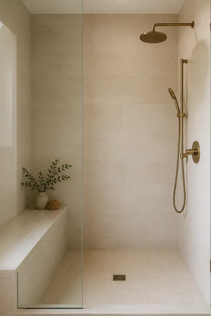 A small walk-in shower with a built-in bench along the side wall. The walls have a uniform light tile in a soft beige/cream tone, and the bench top has the same tile surface with a slight slope toward the drain. Clear glass panels frame the shower.