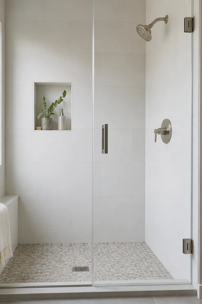 A modern small bathroom walk-in shower with matte white tiles on the walls and a slim pebble mosaic floor in a mix of light gray and tiny cream stones. The glass door is frameless, and the shower valve is brushed nickel.