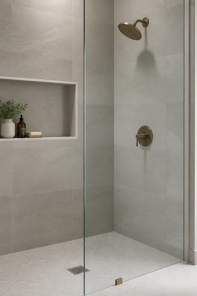 A compact walk-in shower with soft gray wall tile. The niche has a white frame tile border, and the interior of the niche uses the same gray tile. The glass is frameless with a clear panel, and the floor is light gray with a subtle texture.