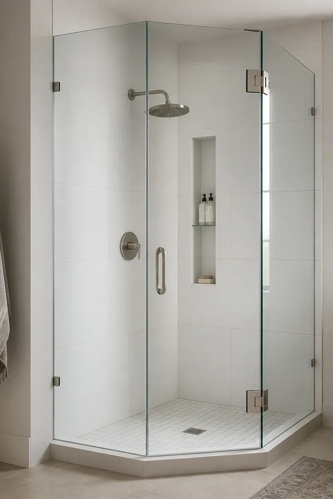 A corner walk-in shower where the shower opening is about 28 inches wide, using a frameless glass door panel and two fixed glass sides. The walls are white large-format tile, and the floor has a small rectangular tile set in a straight grid. A slim vertical niche sits on the corner wall.