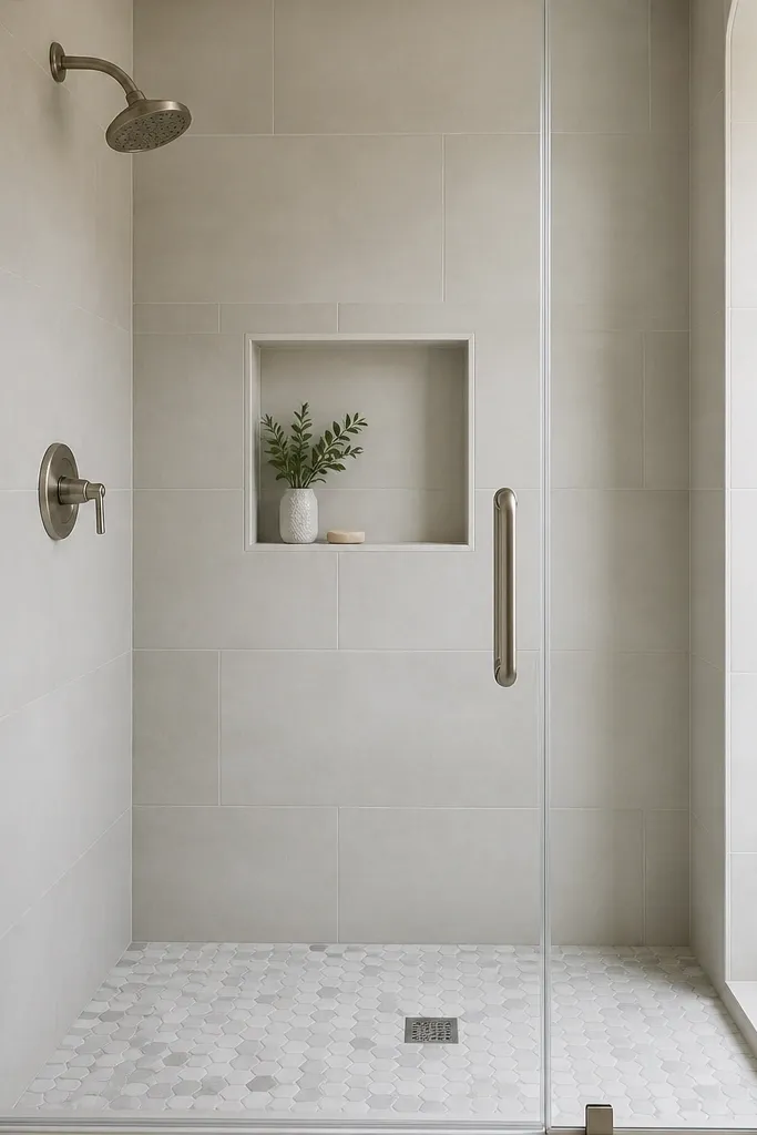A small walk-in shower with flat, light gray wall tile and a white-and-light-gray hexagon mosaic floor. A recessed niche is built into the wall with the same tile finish. The glass door is clear with brushed nickel hardware.