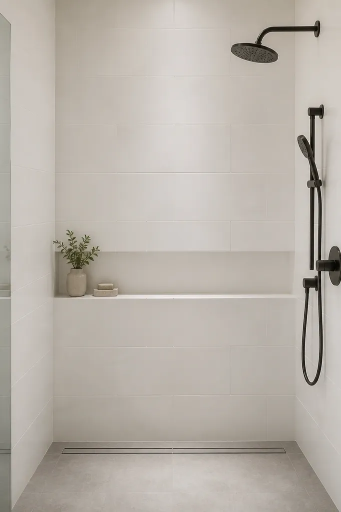 A small walk-in shower with a recessed niche that stretches horizontally like a bench shelf. The walls are clean white tile, and the shelf is tiled the same as the walls with a slight slope toward the back. The floor is light gray with a linear drain.