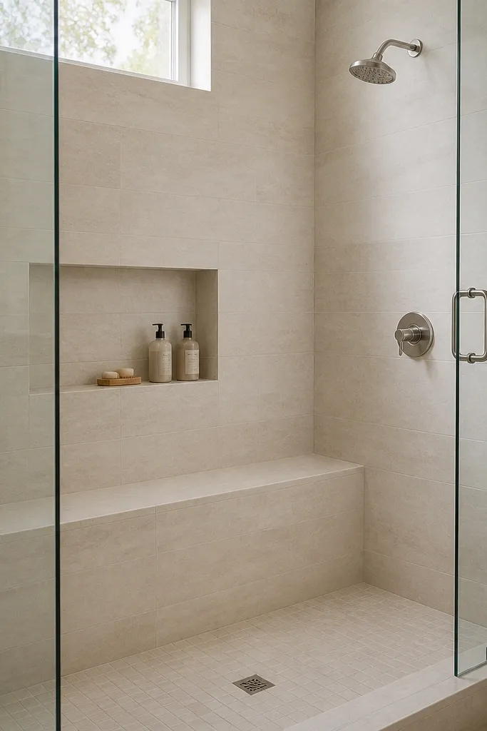 A compact walk-in shower with a continuous tiled ledge along one wall, finished in the same light tile as the rest of the shower. There is one recessed niche above the ledge for bottles. Clear glass panels and a simple chrome or brushed nickel showerhead are visible.
