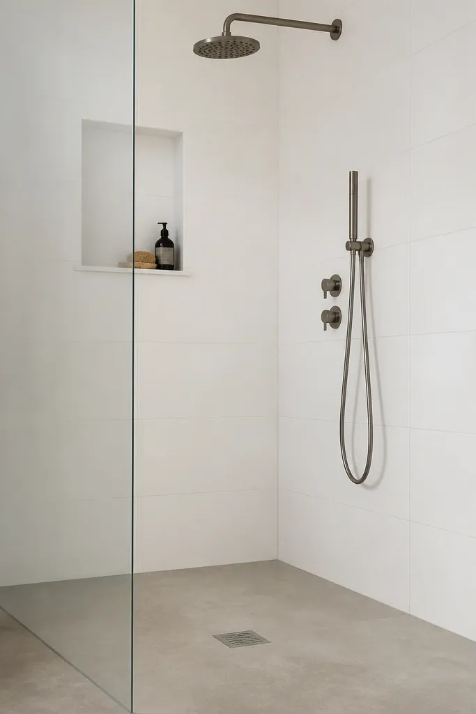 A walk-in shower with white wall tile and a matte porcelain floor that looks like concrete, in light taupe gray. The drain is a simple metal grate, and the glass panel is frameless. The niche is squared and tiled to match the white walls.