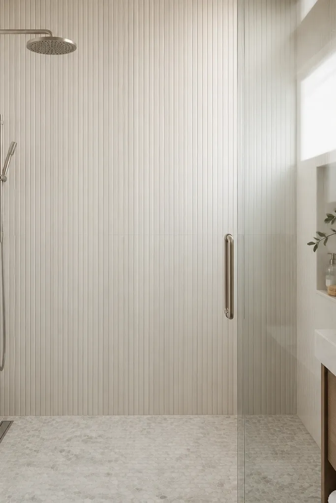 A modern walk-in shower with vertical slatted tile panels on the main wall, alternating narrow tile strips in off-white. The shower has a frameless door and brushed nickel fixtures. The floor is a light micro-mosaic with subtle gray variation.