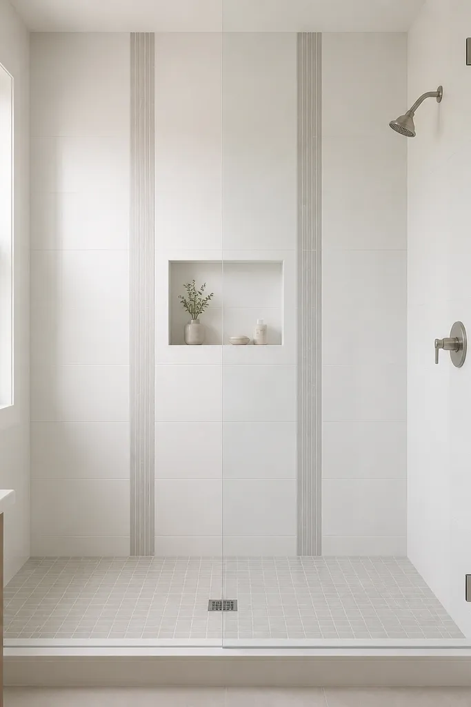 A walk-in shower with mostly white wall tile, but with slim vertical tile strips in a soft gray running from floor to ceiling. The floor is small rectified tile laid in a straight pattern, and the niche sits centered between the strips. Frameless glass completes the look.