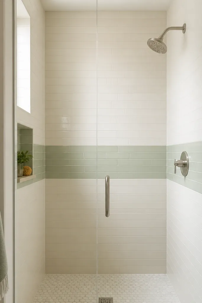 A small walk-in shower with off-white tile walls and a mid-height band of light sage or muted green tile. The band runs around the shower at about waist level. The glass door is frameless and fixtures are brushed nickel.