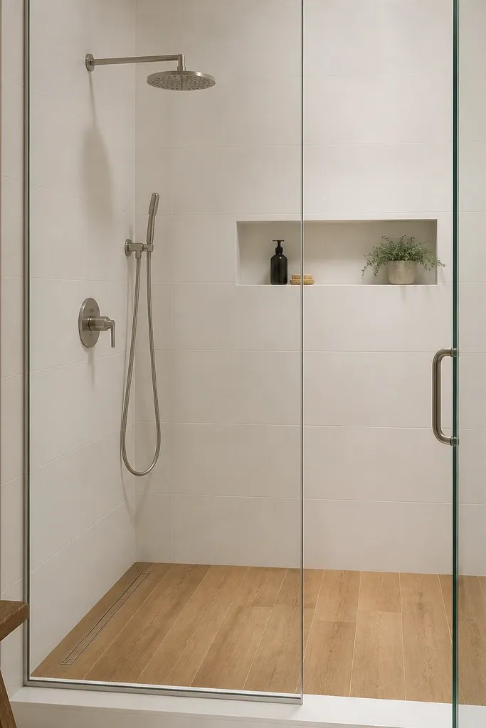 A walk-in shower where the walls are white matte tile and the shower floor has warm wood-look porcelain with long planks in honey oak tones. The glass door is clear with a slim metal edge, and the shower hardware is brushed nickel.