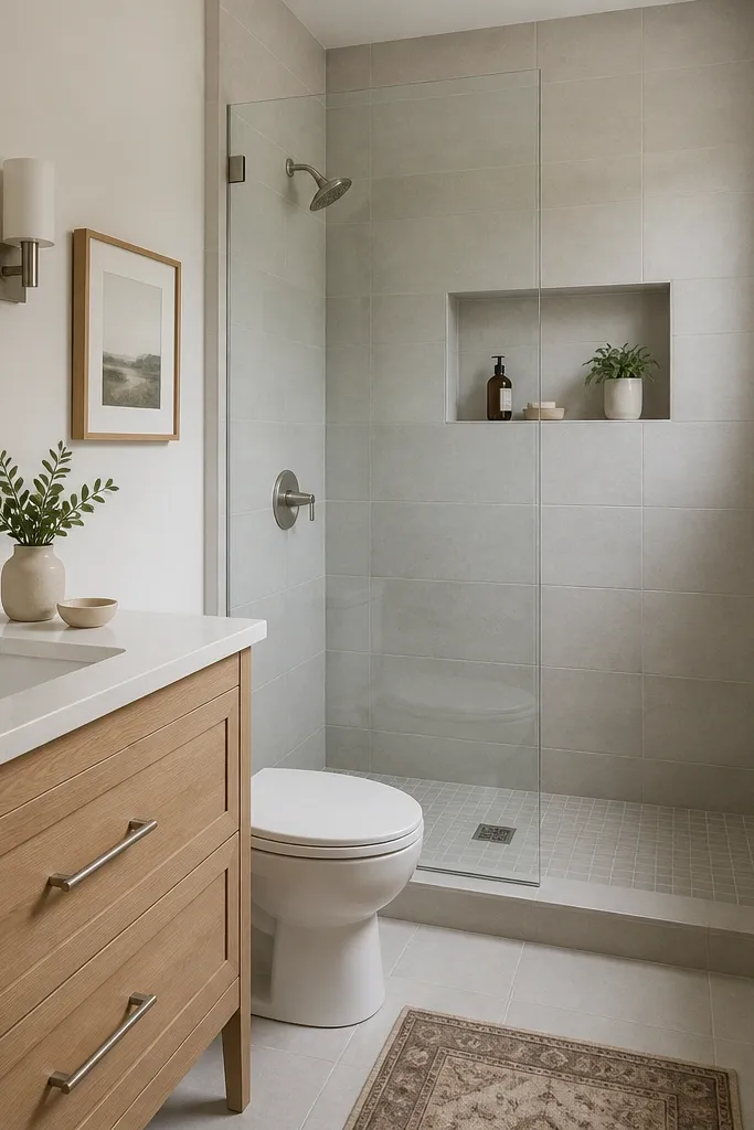 A small full bathroom where the shower is a walk-in with light gray wall tile and a frameless glass panel. The bathroom vanity has a warm light wood finish, and the shower niche is tiled to match the gray walls. The hardware is brushed nickel, matching the vanity faucet.