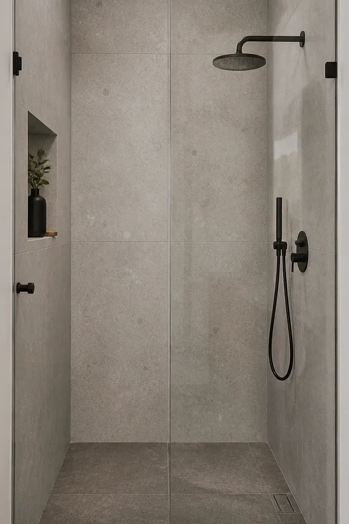A small walk-in shower with concrete-look porcelain walls in light gray and subtle speckles. Fixtures are matte black, and the glass is frameless. The shower floor has a matching concrete-look tile with a slightly darker tone.