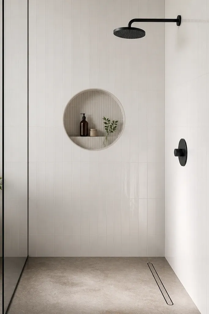 A modern walk-in shower with white wall tile and a round recessed niche. The shower floor has a linear drain with a slightly rounded metal trim, and the glass is frameless. The shower control is a round faceplate in matte black.