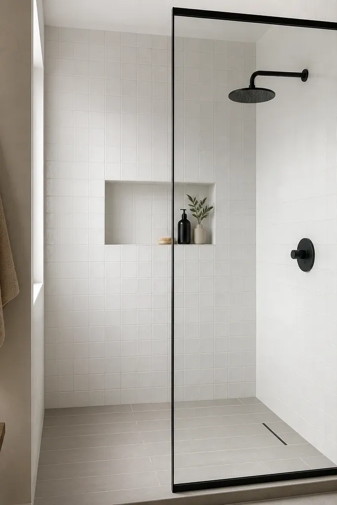 A small walk-in shower with white wall tile and a glass panel framed in matte black. The floor has a light gray tile laid in a straight pattern, and the niche is a simple rectangle. The shower head and control have matching matte black finishes.