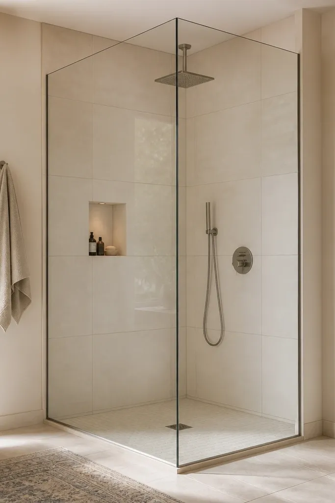 A corner walk-in shower where the glass panel wraps around the corner with minimal framing. The walls are tiled in a light cream, and the corner seam is clean and straight. The shower has a single-control valve and a handheld sprayer mounted on the same wall.