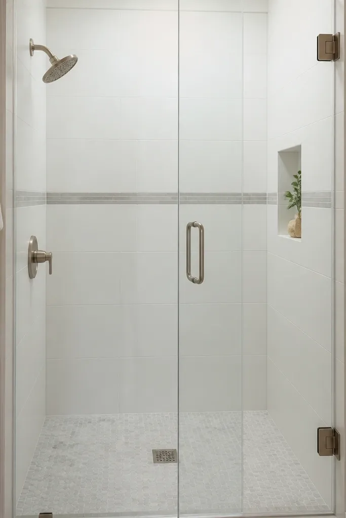 A small walk-in shower with matte white wall tile and a thin horizontal gray border strip running around the shower at mid-height. The shower floor is a light gray mosaic, and the glass is frameless with brushed nickel hardware.