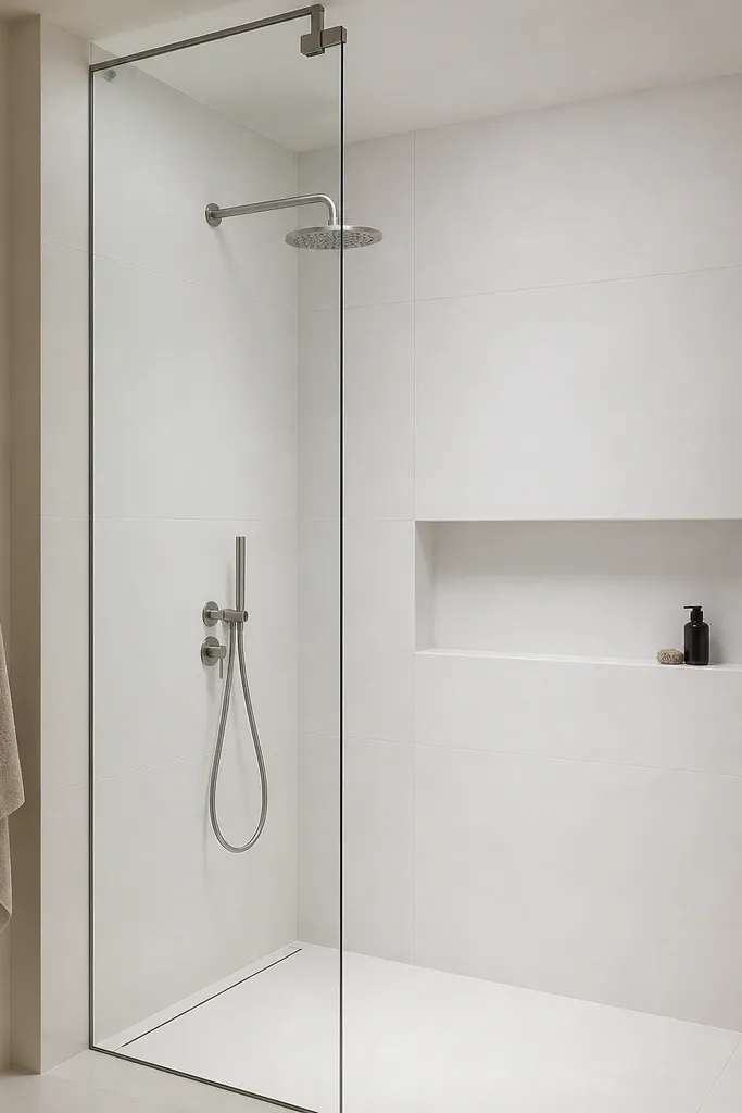 A walk-in shower that reaches close to the ceiling with large format white tiles. Grout lines are extremely thin and consistent, and the niche is recessed with the same tile. The glass panel is frameless with a minimal top hinge.