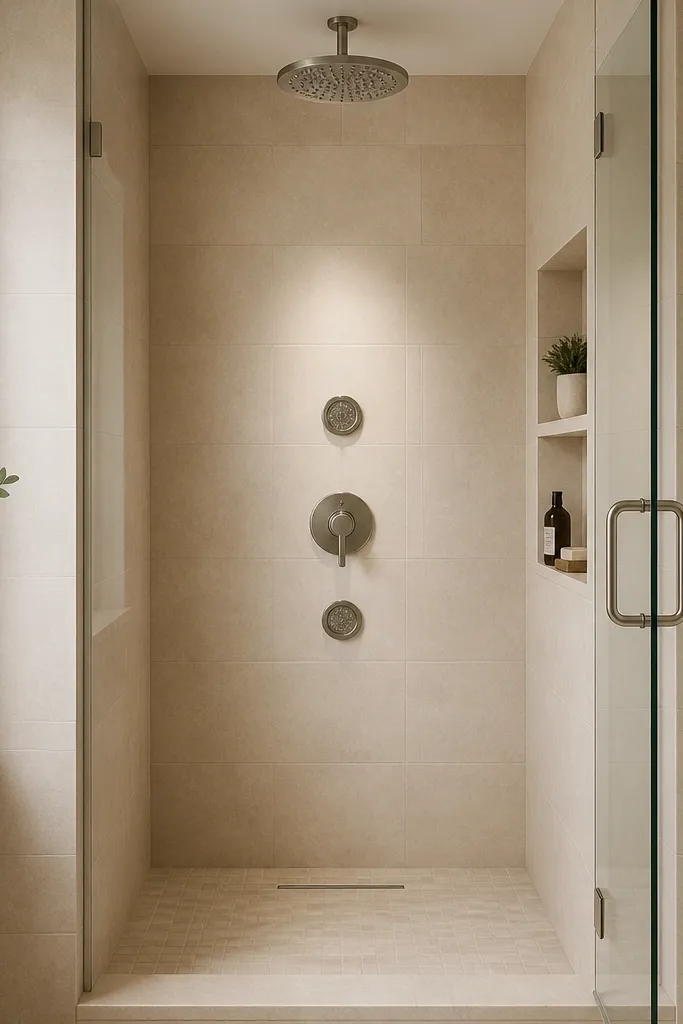 A compact walk-in shower with a rain head centered above and two small body jets on the same valve wall. The walls are light beige tile, and the glass is frameless. A recessed niche is built into the wall near the jets.