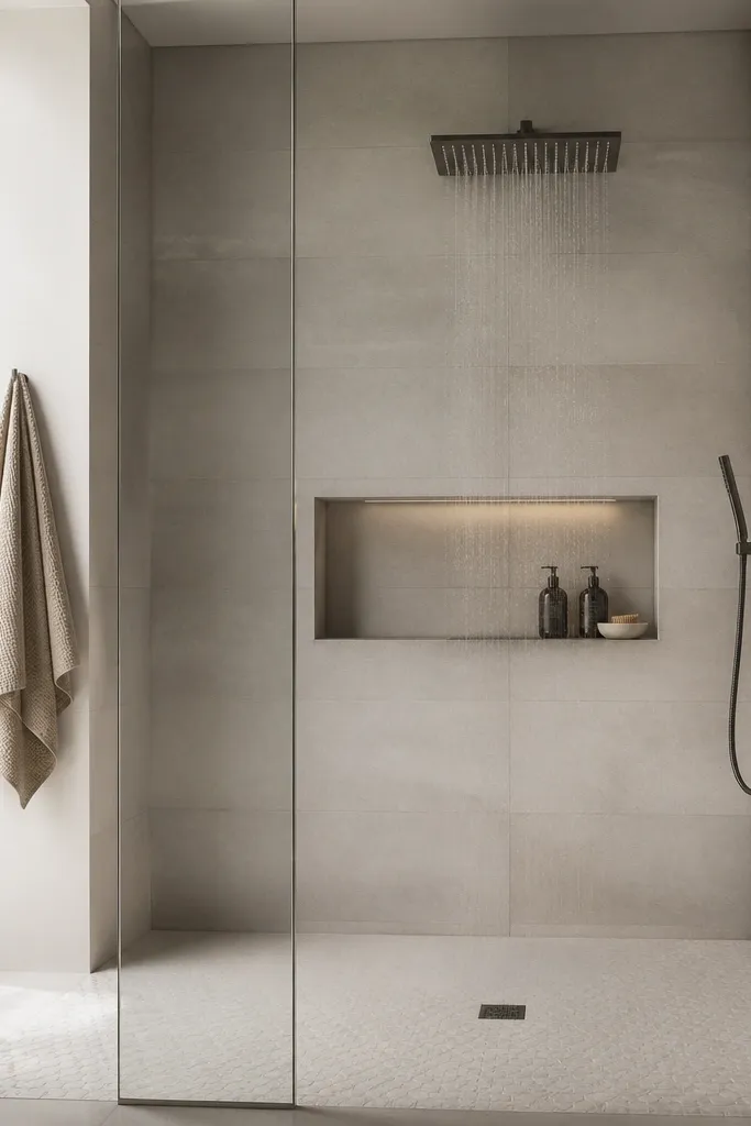 A walk-in shower where the back wall has a wide rain shower head and a simple hand shower attachment. The walls are light gray tile, and there is only one recessed niche for bottles. The glass is frameless and the floor has a subtle textured tile.