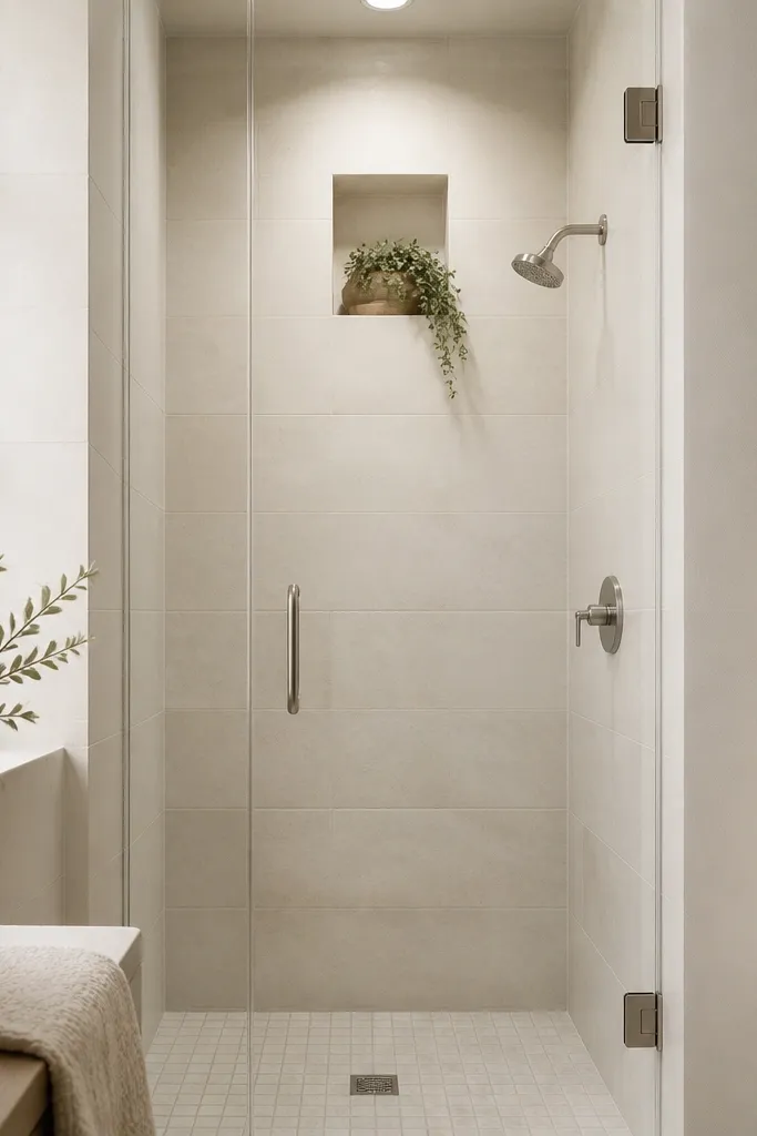 A small walk-in shower that is tiled all the way to the ceiling, with a high recessed niche near the top. The walls use large off-white tiles, and the glass door is frameless. The shower has a simple chrome or brushed nickel showerhead.
