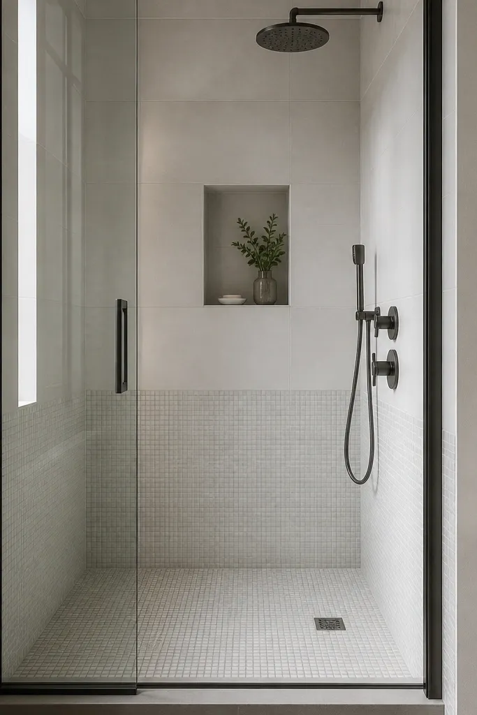 A small walk-in shower with a micro-mosaic floor in light gray and white, and matching micro-texture on a lower portion of the wall. The main wall is smooth tile, and the glass is clear with a slim frame.