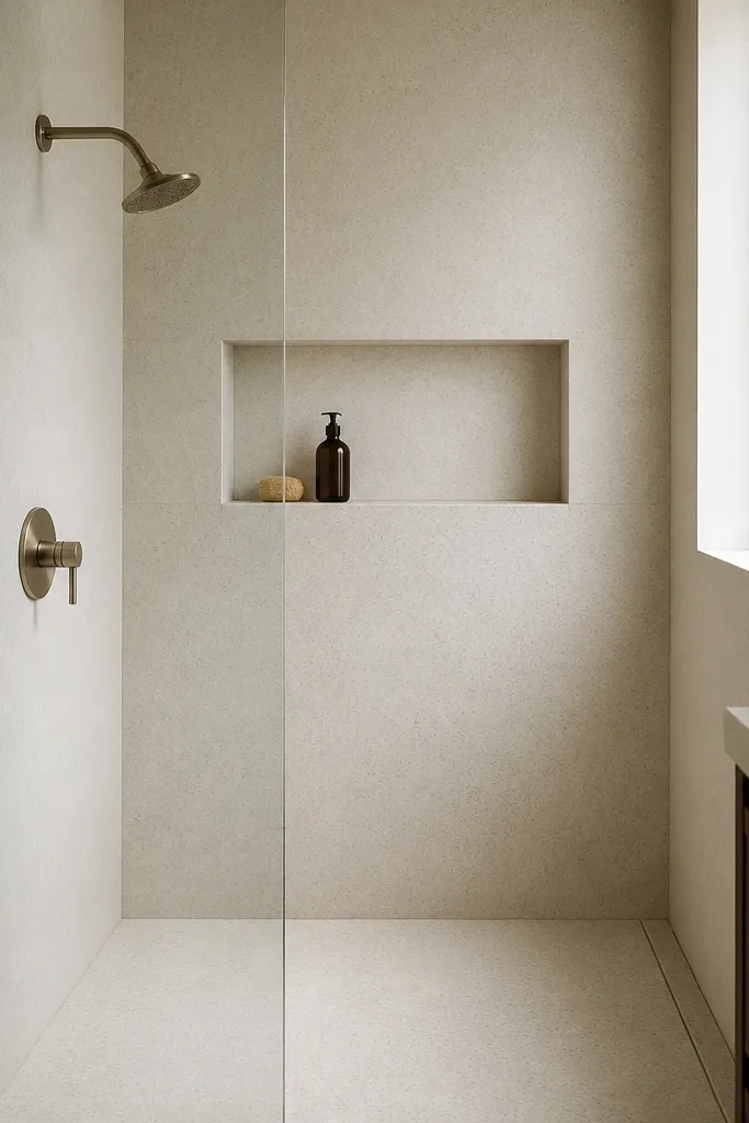 A compact walk-in shower with off-white micro-textured wall tile that looks slightly speckled, not glossy. The niche is recessed and lined with the same micro-textured tile. The floor is a matching textured tile, and the glass is frameless.