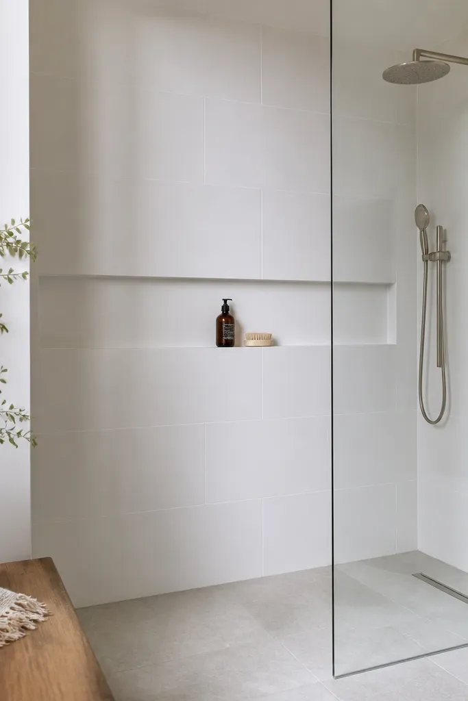 A walk-in shower with a shallow built-in shelf cut into the wall, not a deep niche. The shelf has the same tile as the wall and slopes slightly forward. The walls are white and the floor is light gray, with a frameless glass panel.
