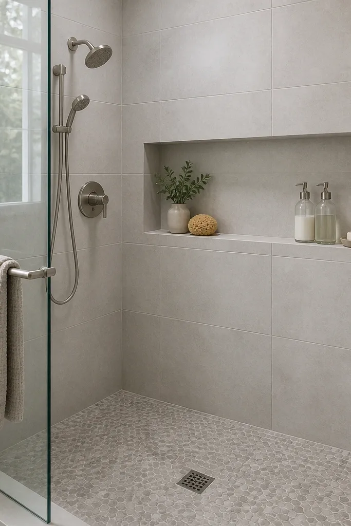 A compact walk-in shower with a large recessed niche that spans much of one wall. A towel bar is mounted on the glass side or adjacent wall in the same brushed nickel finish. The shower walls are light gray matte tile and the floor is a matching mosaic.