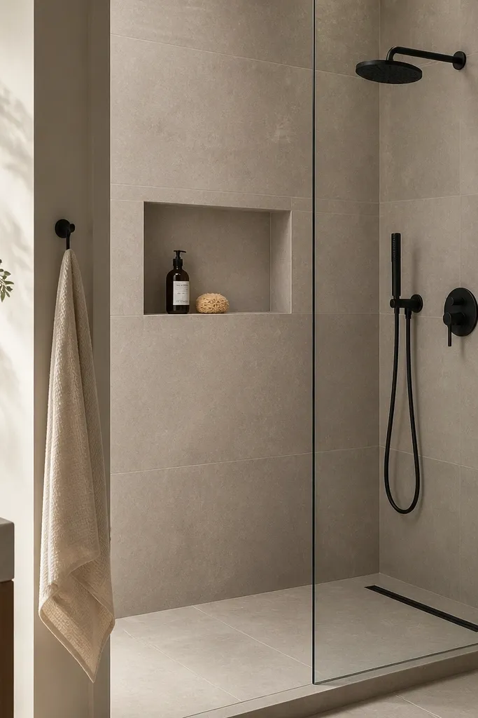 A small walk-in shower with warm greige wall tile in large rectangles and a black linear drain. The shower control and hardware are matte black, and the niche is tiled in the same greige. The glass is frameless with a clear panel.