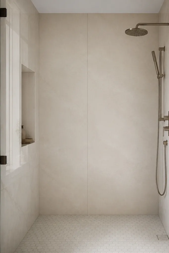 A small walk-in shower with mostly one large wall surface made from large-format tile panels, creating a single narrow vertical seam. The walls are a pale stone color, and the glass door is frameless. The shower floor is a simple light mosaic.