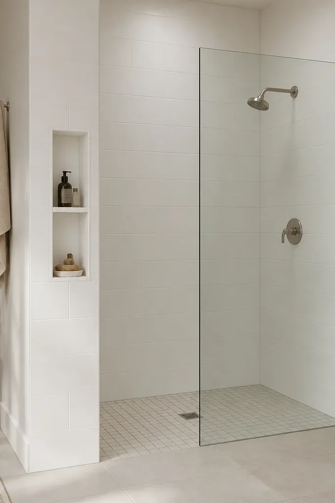 A walk-in shower where the frameless glass panel starts slightly offset from the shower corner, and a small shelf is built into the entrance wall. The walls are white tile, the shelf is tiled white, and the shower floor has a simple grid with a center drain.