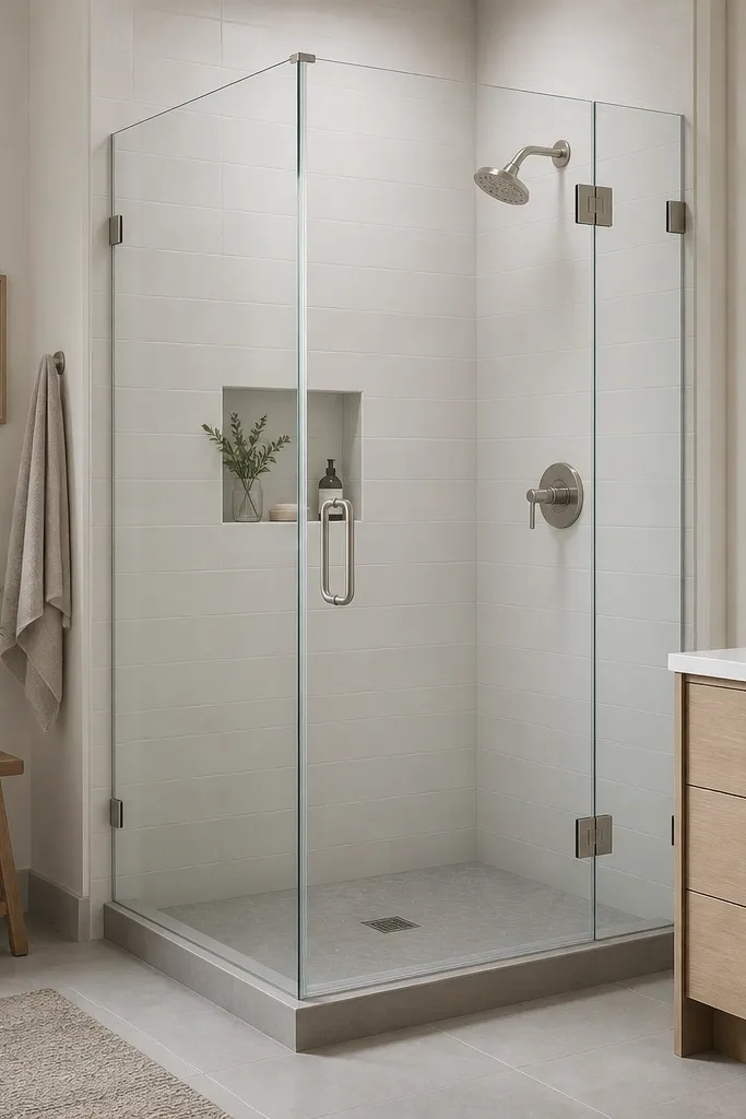 A small walk-in shower with clear glass panels including a return panel at the side. The shower walls are a soft white matte tile, and the hardware is satin nickel. The shower floor is light gray with a simple drain.