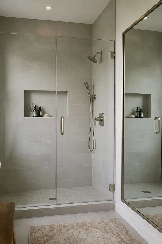 A compact walk-in shower with light gray tile and frameless glass. Across from it is a large, wall-to-wall mirror with a thin frame. The niche is recessed with the same tile as the walls, and the shower hardware is brushed nickel.