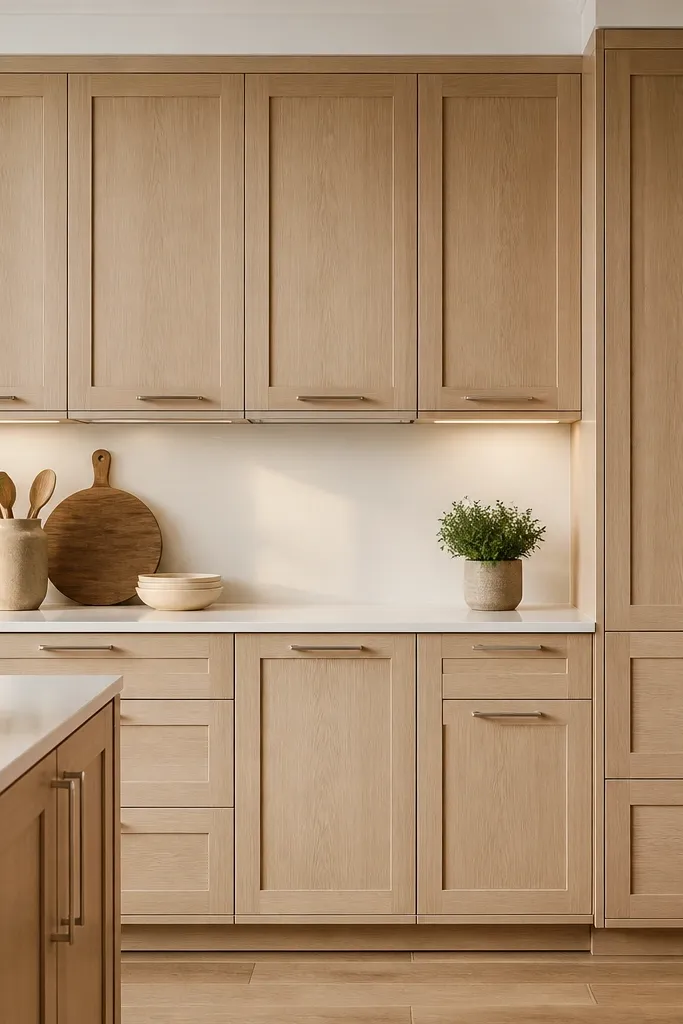 A kitchen with full-height shaker cabinets in natural white oak, satin finish, flat panel doors, and a light wall paint. A white quartz countertop runs across the frame, with a slim backsplash and brushed nickel bar pulls. Under-cabinet lights create an even glow.