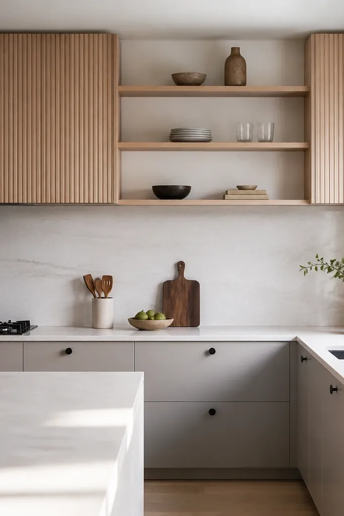 A modern kitchen where the upper cabinets have vertical slat-style panels in white oak, while the lower cabinets are simple flat-front doors. The countertop is a warm white stone, and the backsplash is a thin, light gray slab. Matte black knobs sit on the lowers, and there's open shelving between sections.