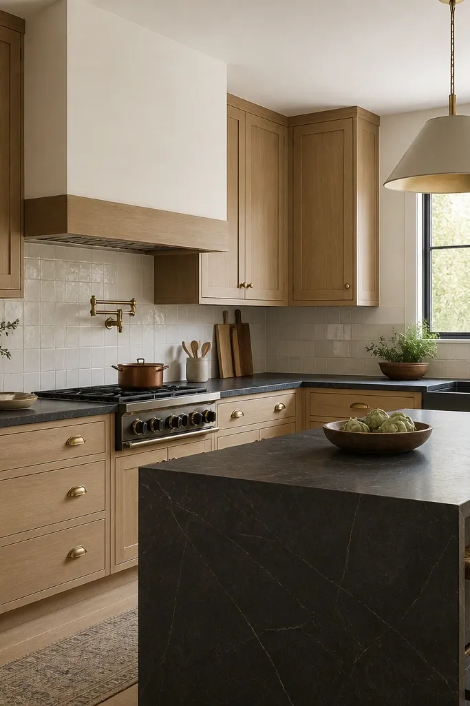 A kitchen featuring natural white oak cabinets with a deep charcoal, soapstone-style countertop. The backsplash is a light cream tile, and the hardware is aged brass. The island has a waterfall edge on the counter, and the sink is a matte black farmhouse style.