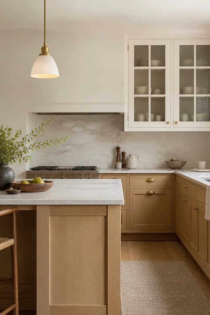 A kitchen with natural white oak base cabinets and white glazed upper doors. The glazed uppers have glass panes with a frosted or lightly tinted look, and the lower doors are shaker. There are warm white pendants above the island and antique brass cup pulls on the lower cabinets.